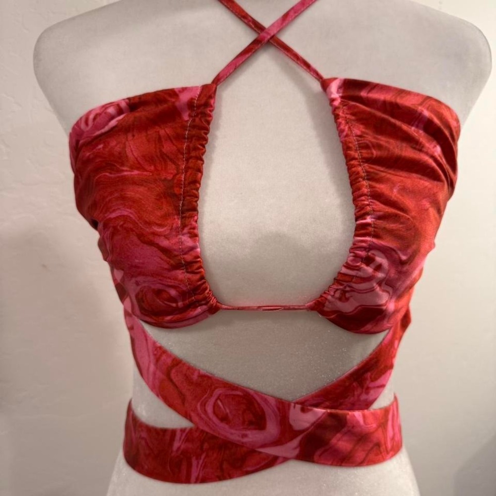 Princess Poly Red rose print backless crop top with cross over straps